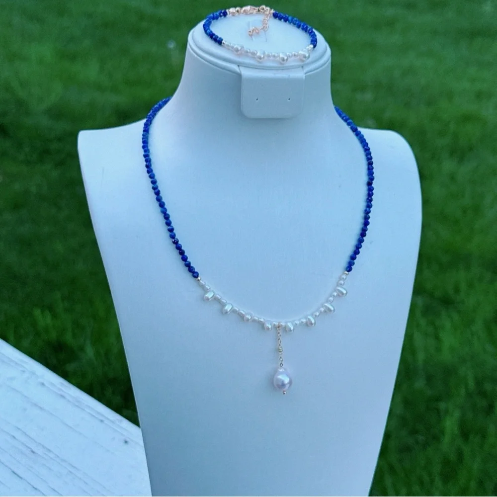 AM69 Handmade Freshwater Baroque Pearl Lapis Necklace Bracelet Set - Picture 2 of 8